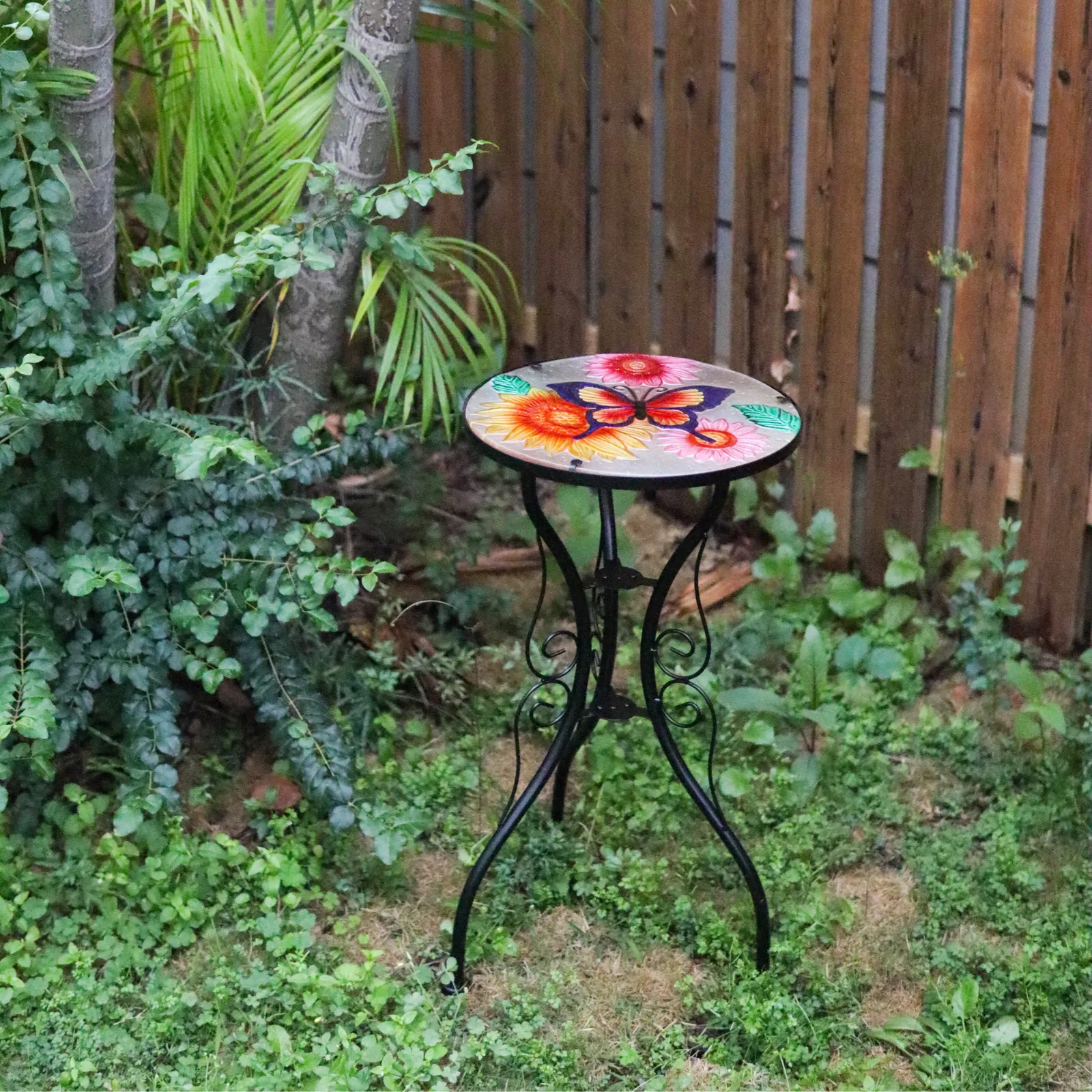 Round Side Garden Mosaic Table  With Flowers and Butterfly Design