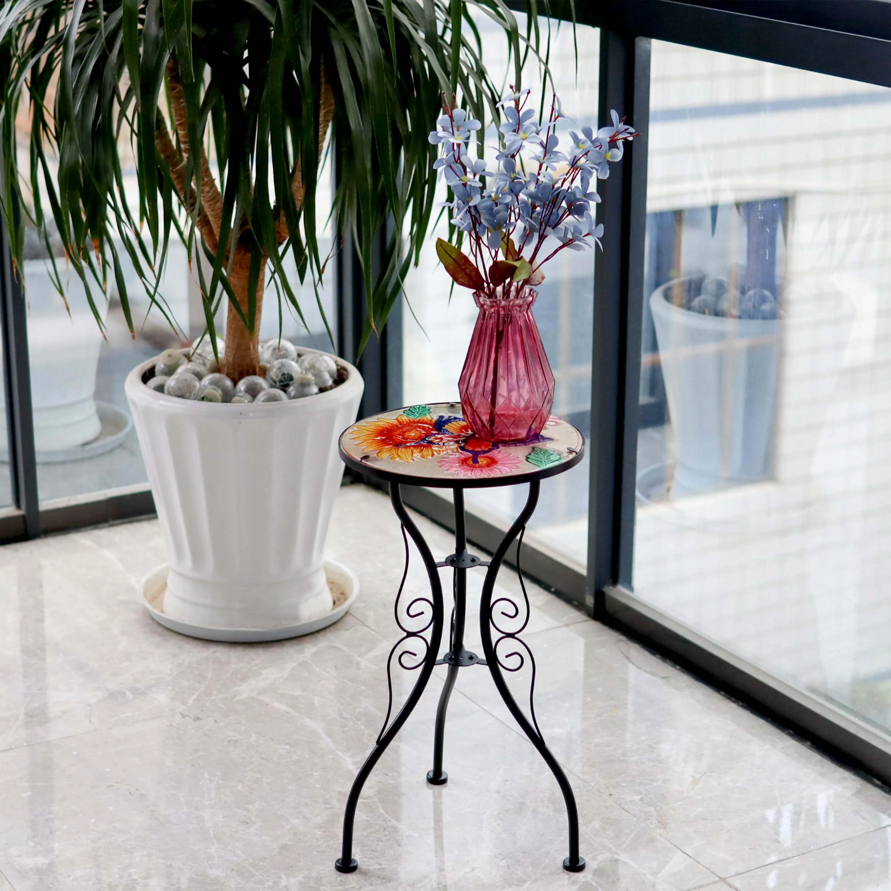 Round Side Garden Mosaic Table  With Flowers and Butterfly Design