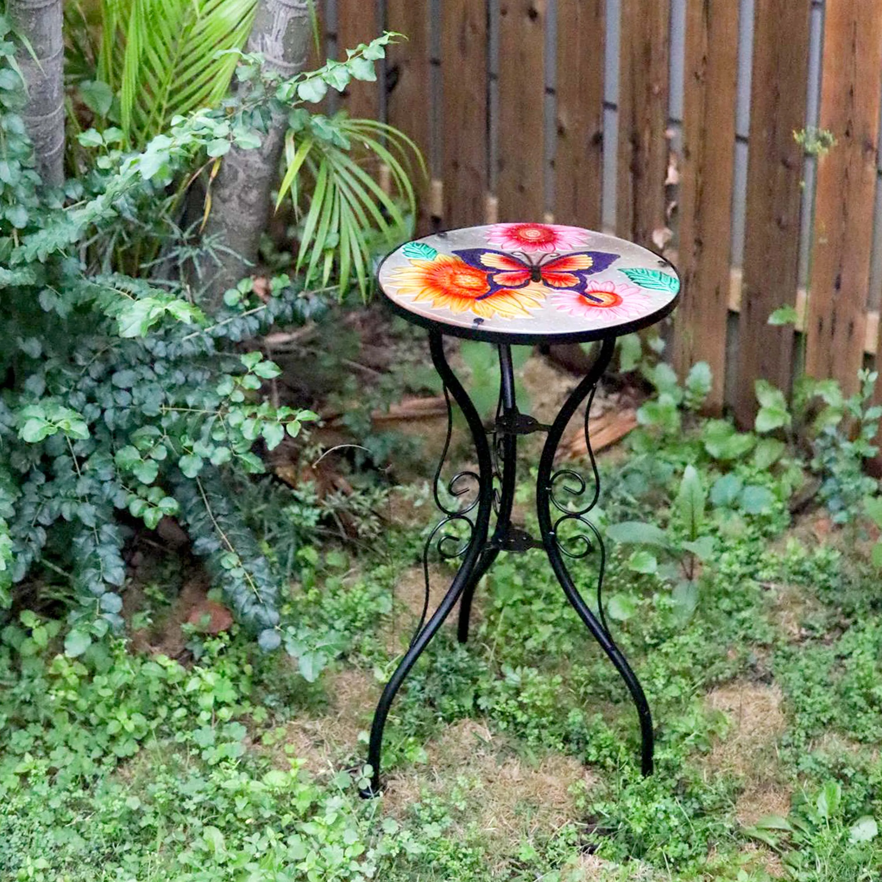 Round Side Garden Mosaic Table  With Flowers and Butterfly Design