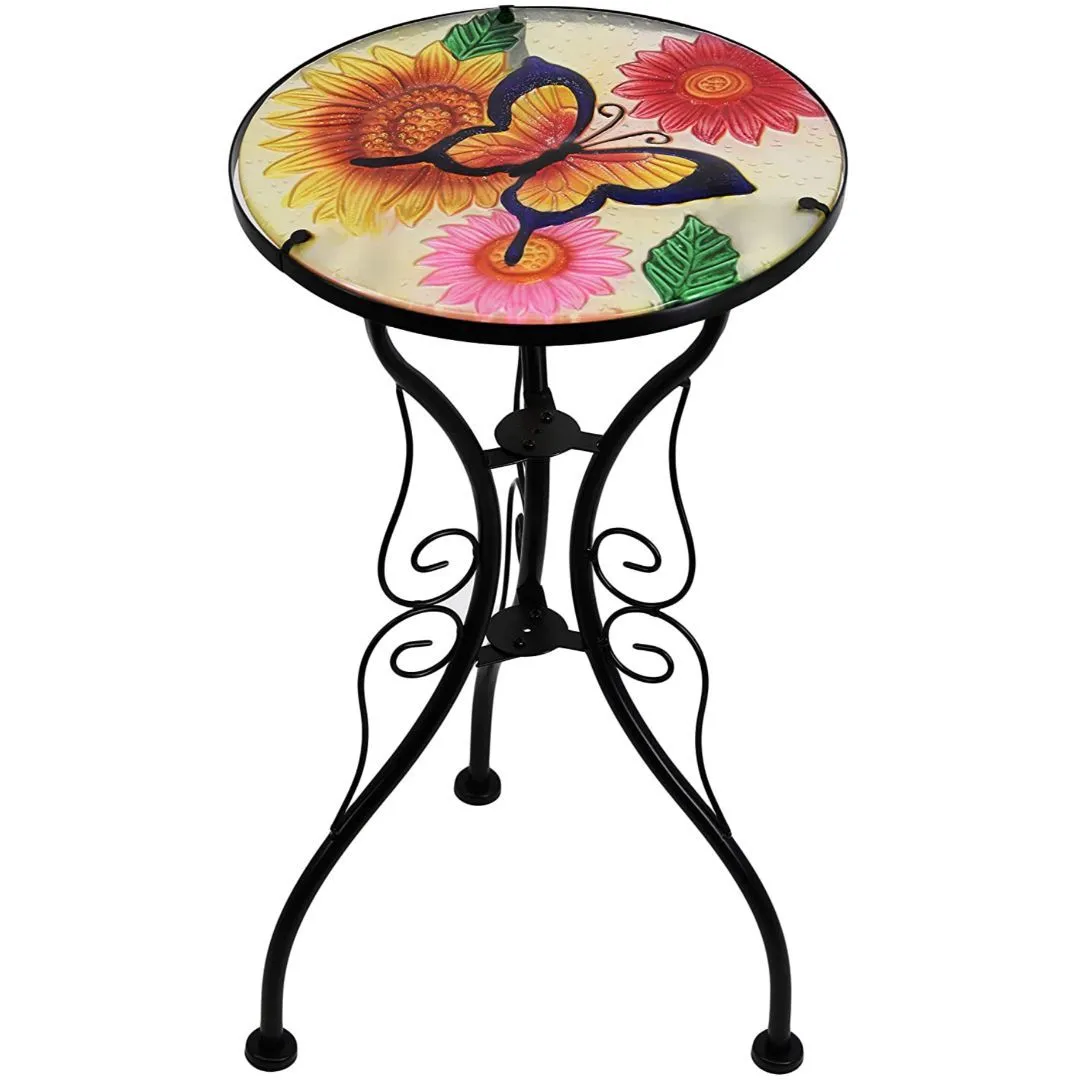 Round Side Garden Mosaic Table  With Flowers and Butterfly Design