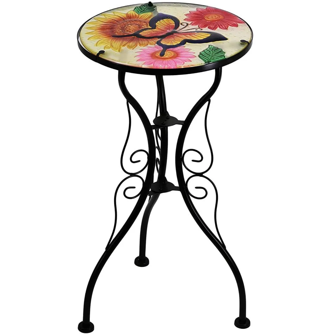 Round Side Garden Mosaic Table  With Flowers and Butterfly Design