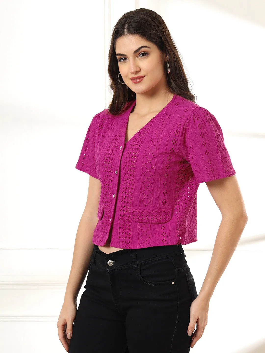 Schiffli Crop Shirt Style Top