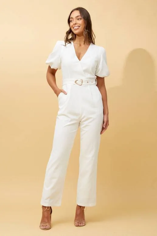 Short Puff Sleeve Crossover Jumpsuit With Self Fabric belt - Ivory