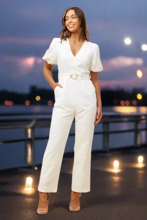 Short Puff Sleeve Crossover Jumpsuit With Self Fabric belt - Ivory