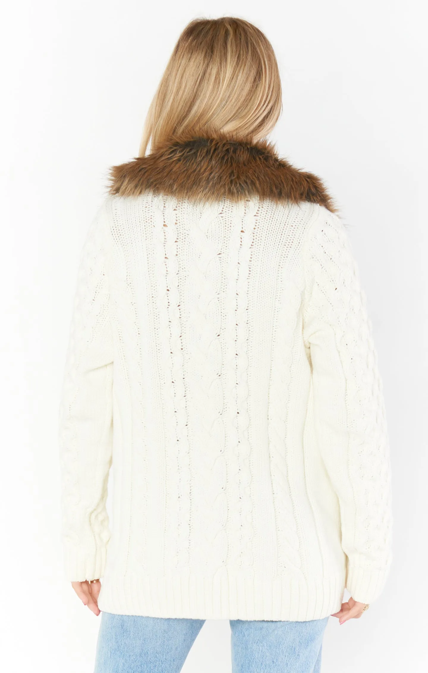 Sun Valley Pullover ~ Cream Cable Knit with Faux Fur