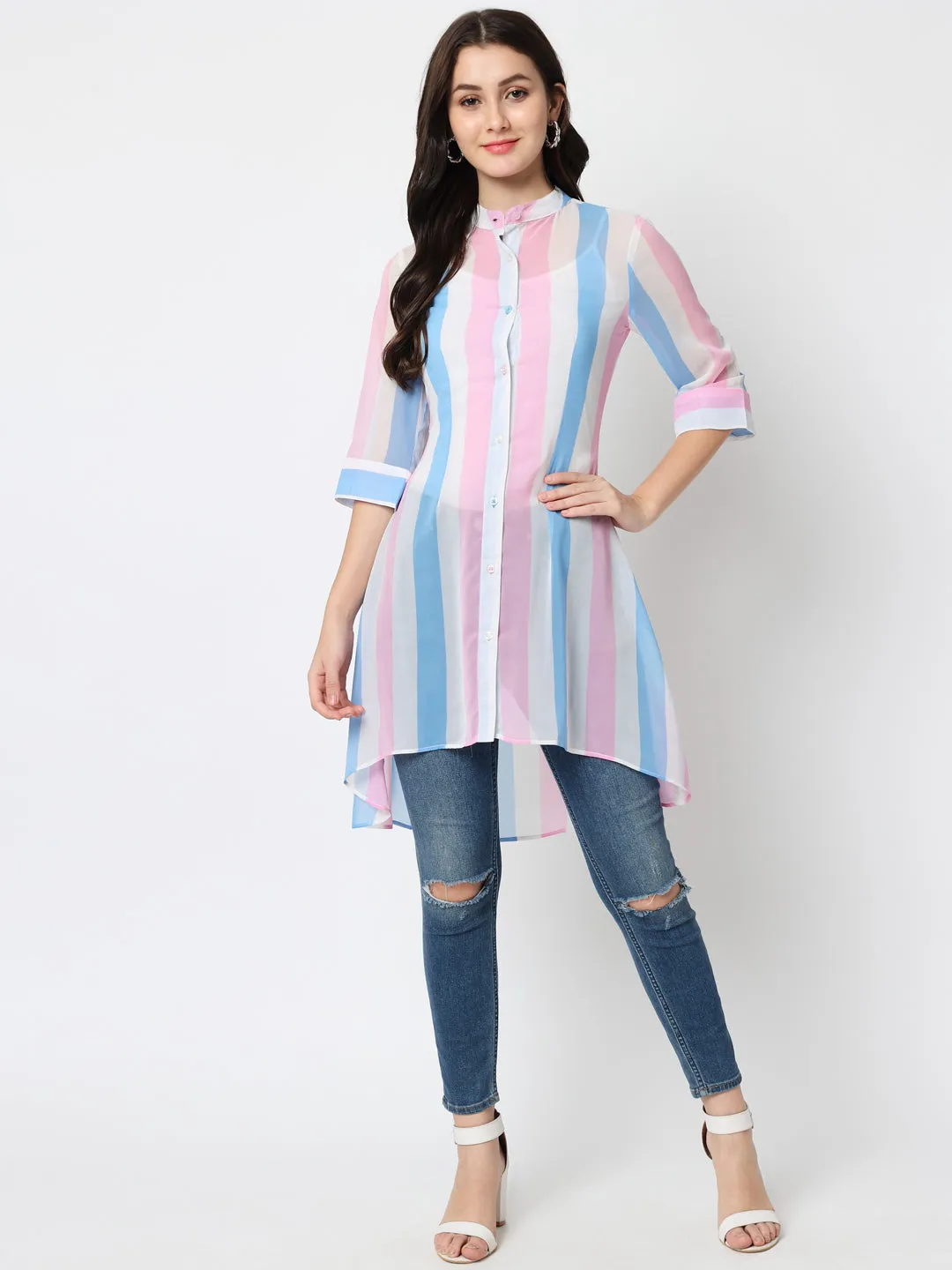 Vertical Stripes Mandarin Collar Classic Casual Shirt