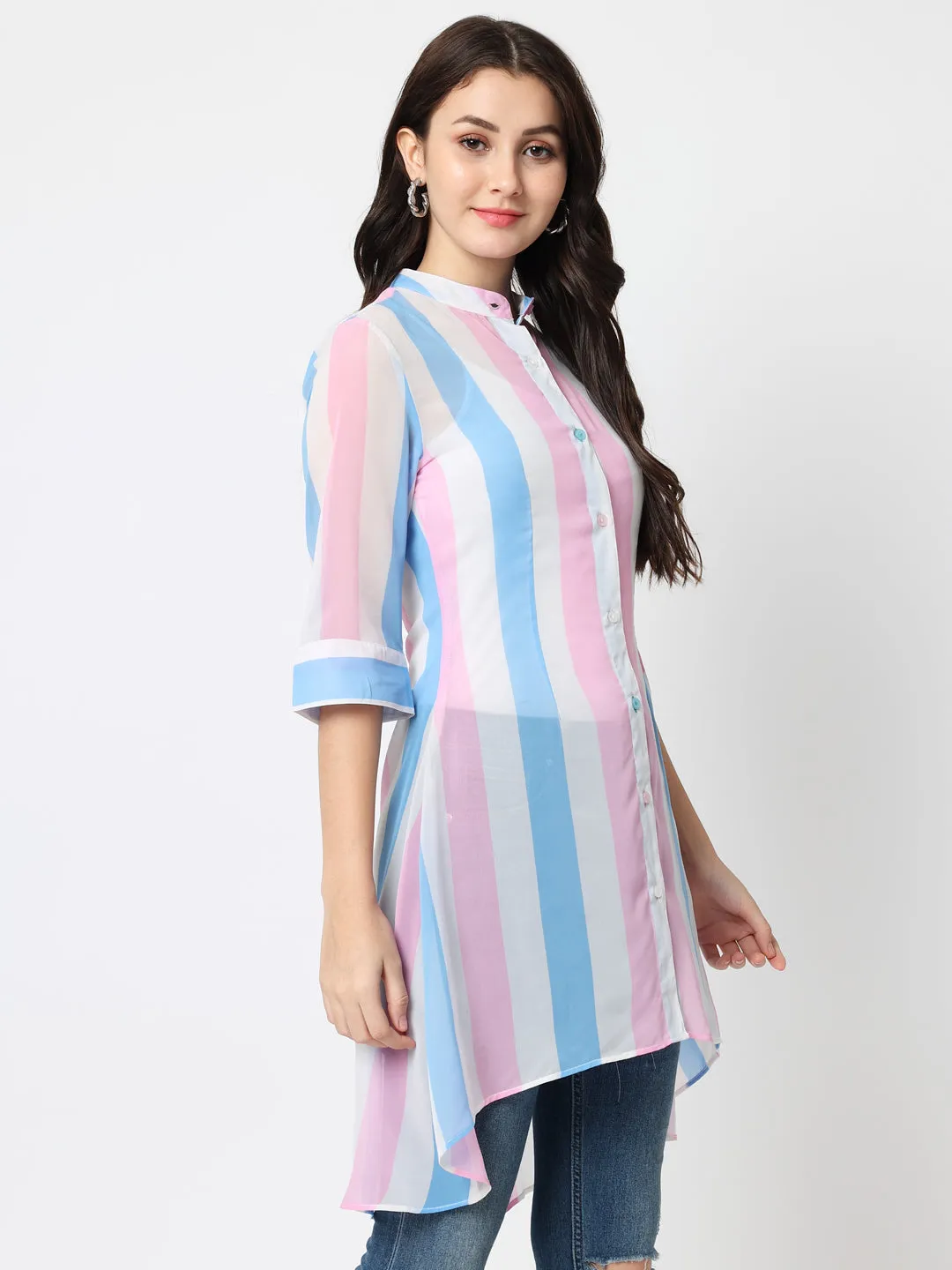 Vertical Stripes Mandarin Collar Classic Casual Shirt