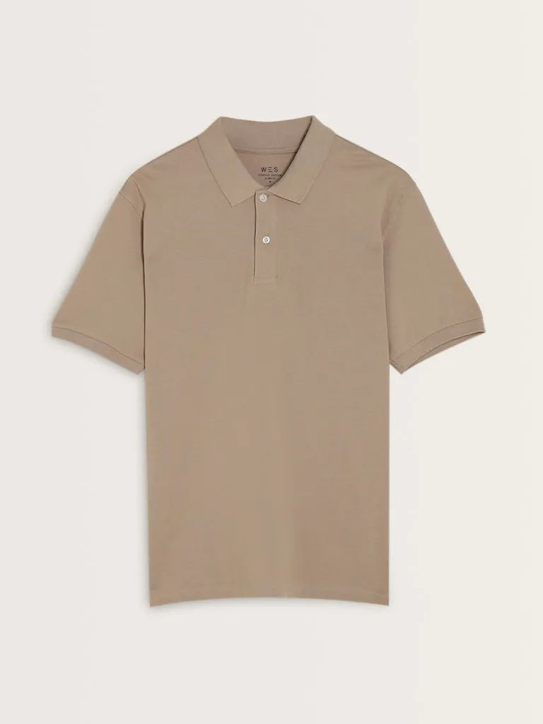 WES Casuals Beige Cotton Blend Polo Neck T-Shirt