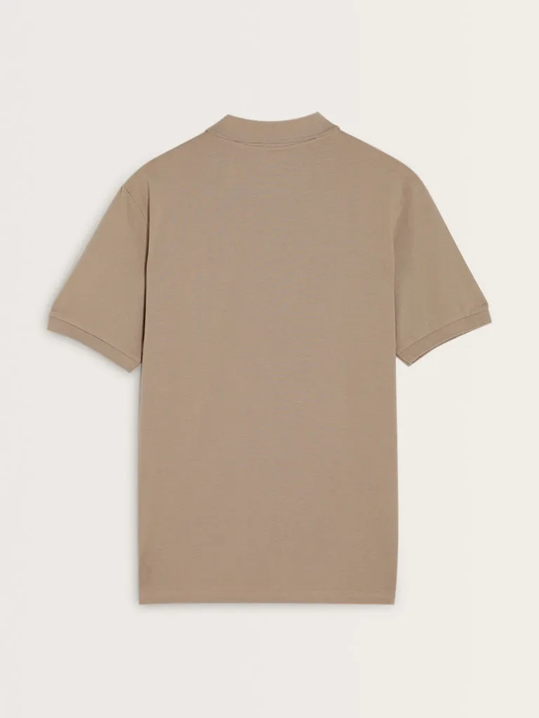 WES Casuals Beige Cotton Blend Polo Neck T-Shirt