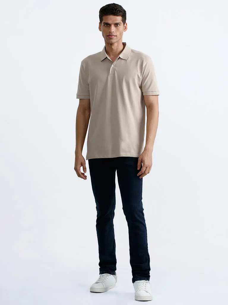 WES Casuals Beige Cotton Blend Polo Neck T-Shirt