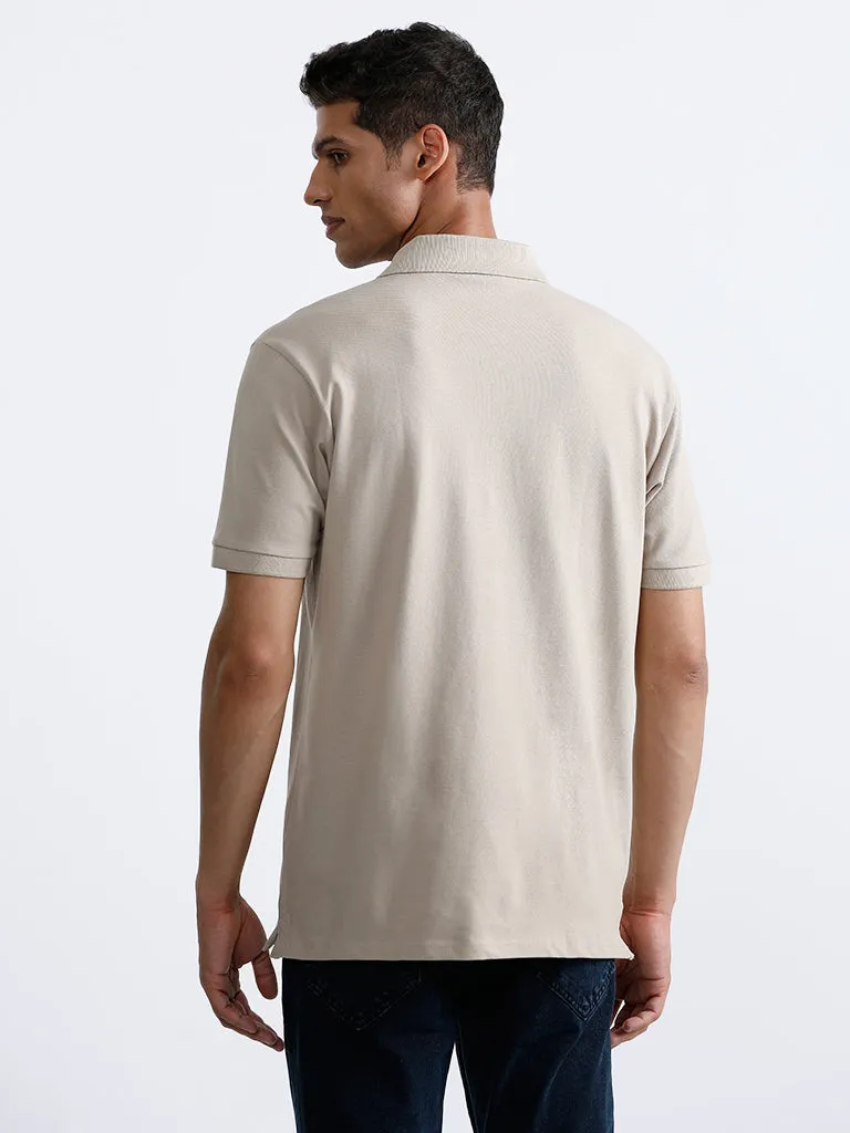 WES Casuals Beige Cotton Blend Polo Neck T-Shirt