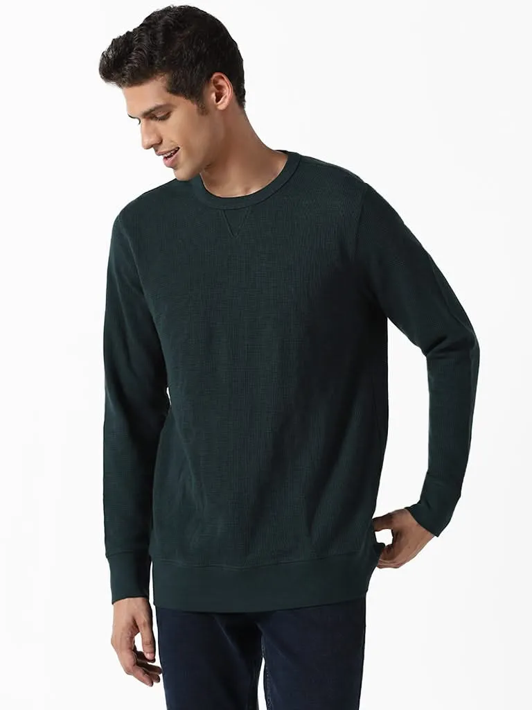 WES Casuals Solid Green Ribbed Slim-Fit Sweater