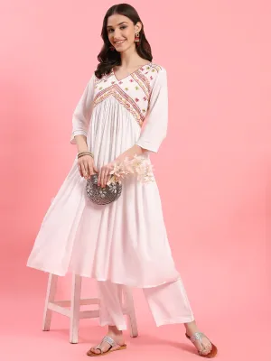 Women White Embroidered Kurta With Comfort Pant