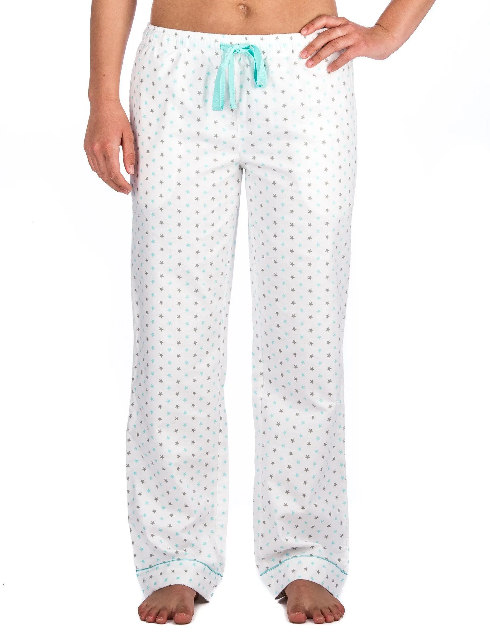 Womens 100% Cotton Flannel Lounge Pants - Relaxed Fit - Stars White