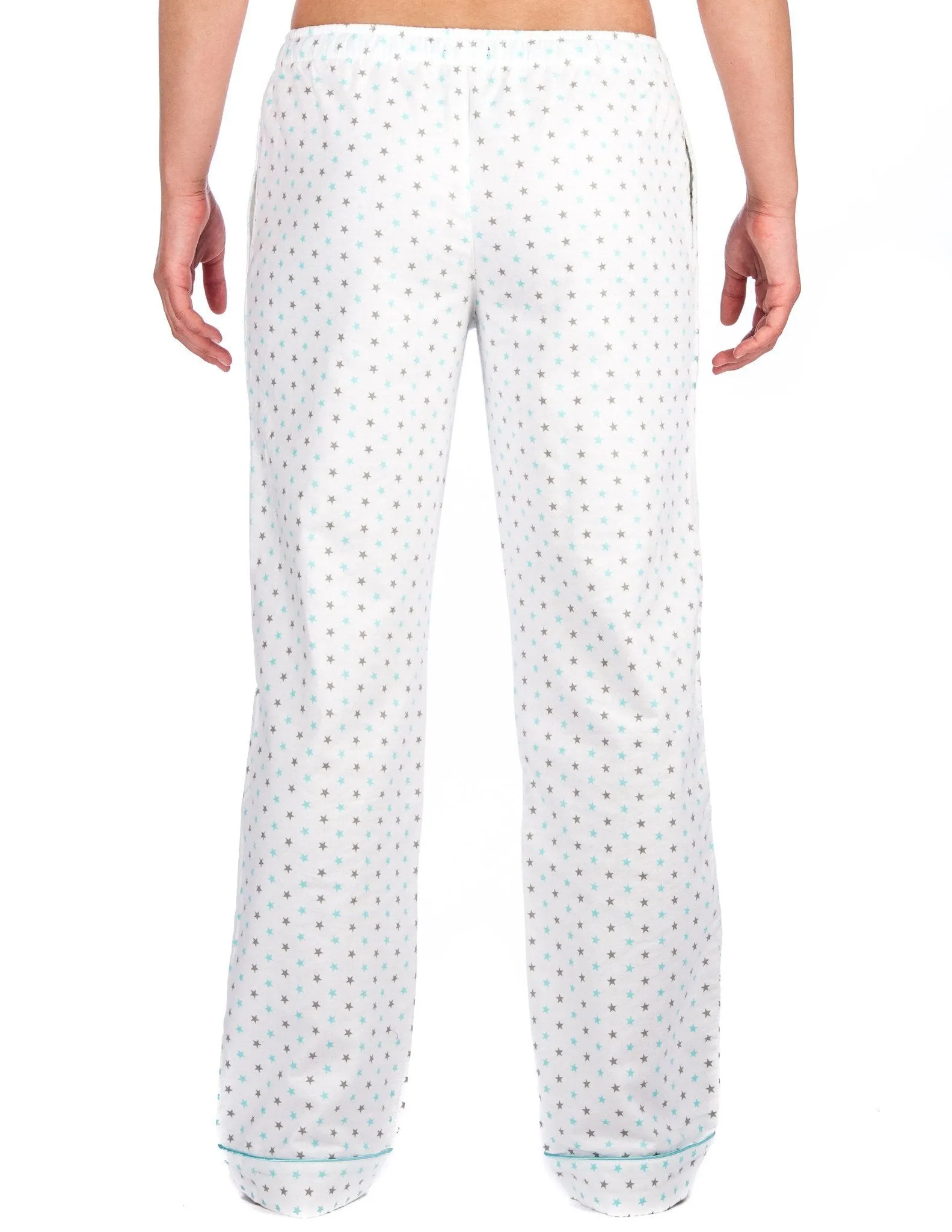 Womens 100% Cotton Flannel Lounge Pants - Relaxed Fit - Stars White