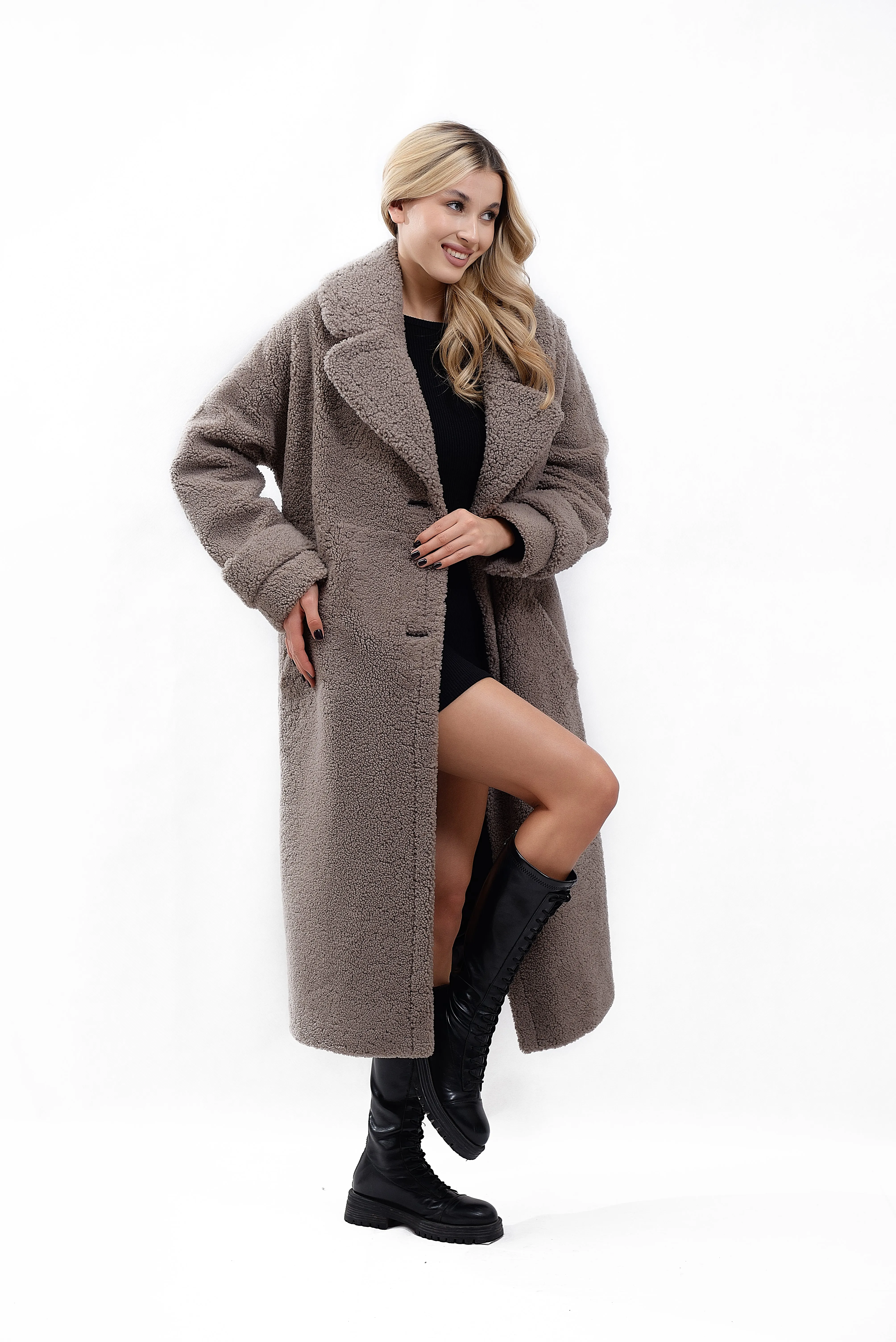 Women's Coat Made of Natural Bouclé Fur, Cocoa Color