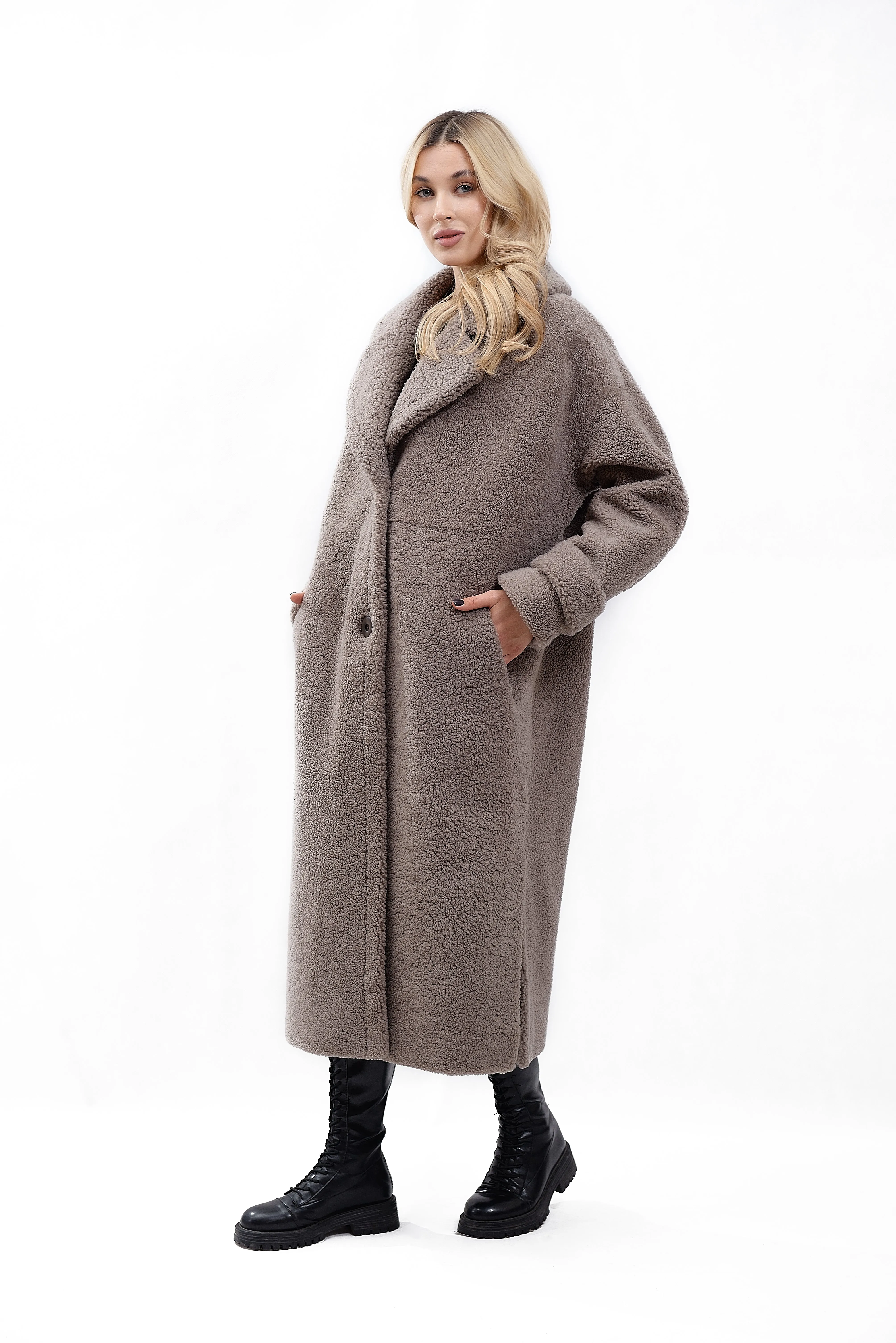 Women's Coat Made of Natural Bouclé Fur, Cocoa Color