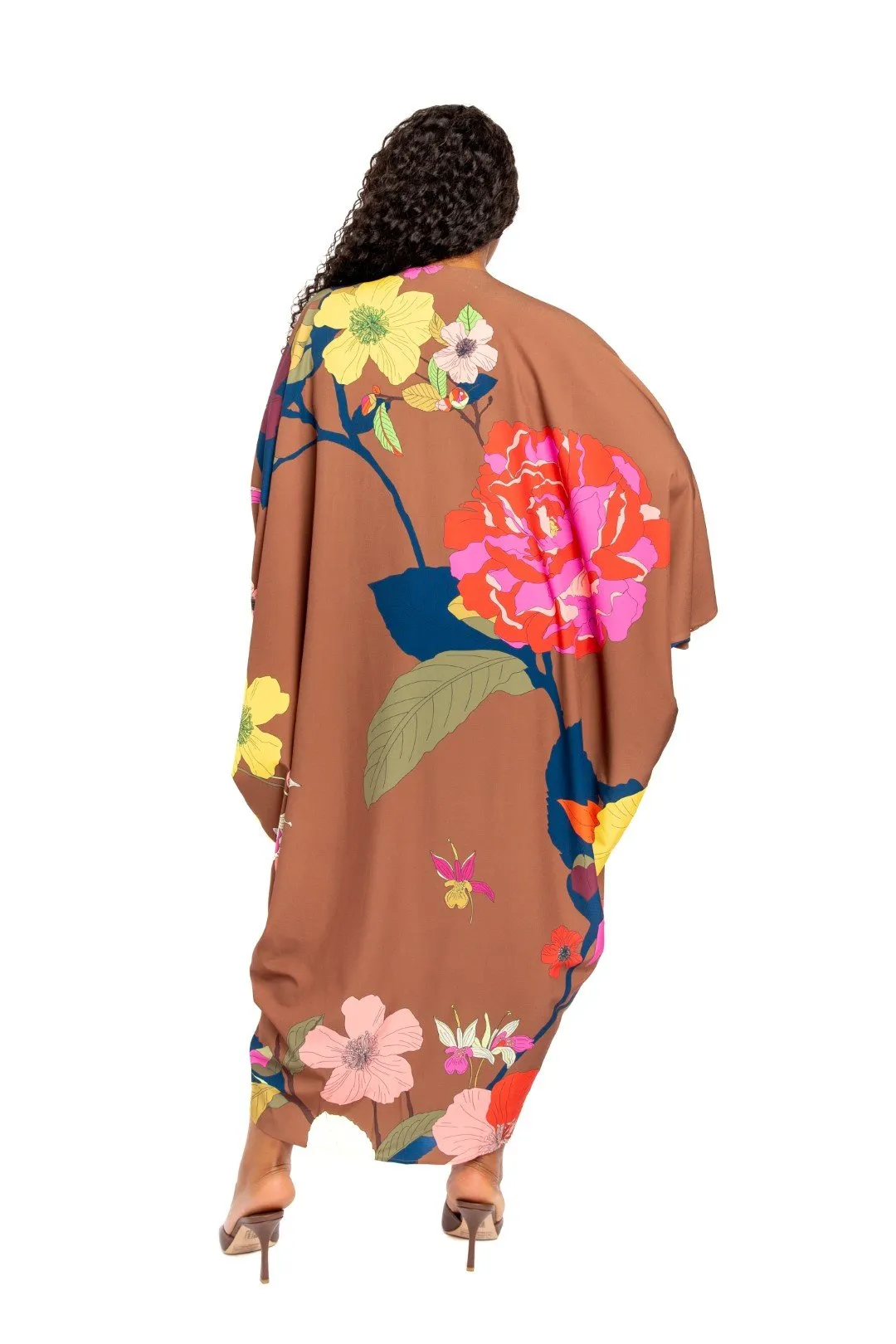 Women's Printed ruched kaftan dress with inside waist tie