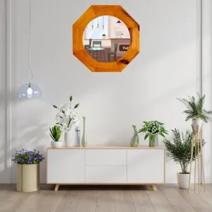 Wooden Frame Golden Octal Pine Decorative Mirror for Wall, Bathroom, Wall Decor, Designer Mirror, Decorative Mirror - Pack of 1 (18 Inch/45.72 Cm)